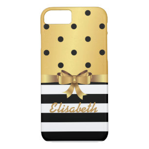 Coque iPhone 7 Satin or BLAC polka point strié OR BOW MONOGRAM