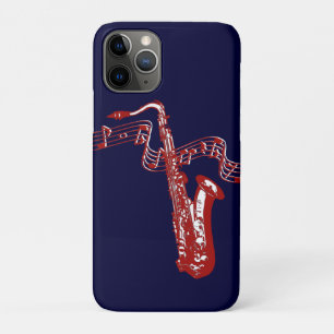 Coque iPhone 11 Pro Saxophone rouge et notes sur fond bleu