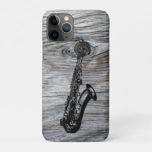 Coque iPhone 11 Pro Saxophone rustique et vintage sur vieux bois