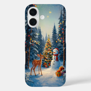 Coque Pour iPhone 16 Scène d'arbre de Noël Cerf Faon Bonhomme de neige