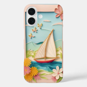 Coque Pour iPhone 16 Scène de voile artisanale avec fleurs en quilling