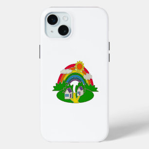 Coque Case-Mate iPhone Scène rurale avec arc-en-ciel et maison de campagn