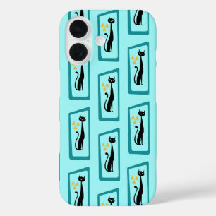 Coque Pour iPhone 16 Schrödinger's Cat Mid Century Moderne bleu pâle