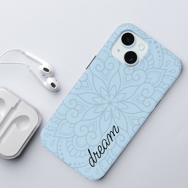 Coques Case-Mate iPhone Script bleu Mandala Dusty moderne (Modern Mandala Dusty Blue Script Case-Mate iPhone Case)