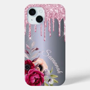 Coque Case-Mate iPhone Script de nom floral à gouttes rose argent