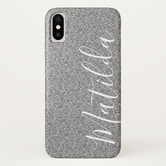 Coques Case-Mate iPhone Script de nom personnalisé Paillettes Argent (Dos)