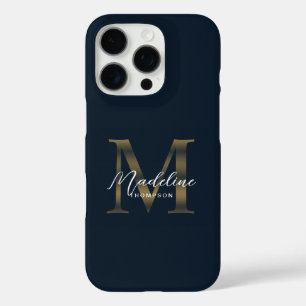 Coque iPhone 16 Pro Script de styliste métallisé bleu marine or monogr