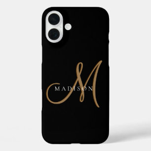 Coque Pour iPhone 16 Plus Script élégant de monogramme noir et or