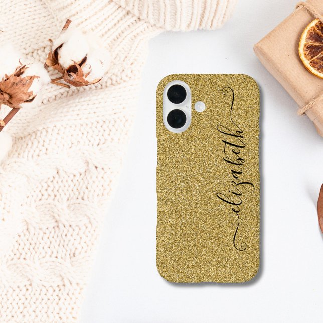 Coques Case-Mate iPhone Script élégant personnalisé avec paillettes dorées (Gold Glitter iPhone 16 15 14 13 12 case. Monogram it with your name. Script Calligraphy monogram)