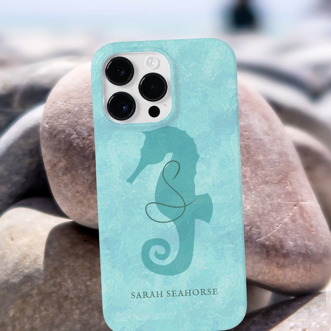 Coques Case-Mate iPhone Seahorse Monogram Aqua Blue Cool Poisson tropical (Love seahorses? I do! Add your name and initial to this cool blue phone case)