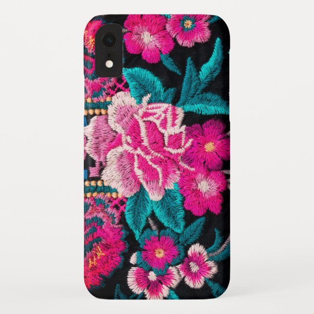 Coques Case-Mate iPhone Semblage brodé boho floral noir rose (Dos)