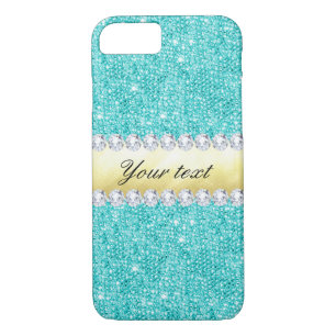 Coques Pour iPhone Séquences turquoises personnalisées Diamants d'or