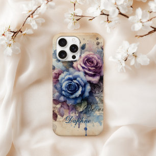 Coque iPhone 16 Pro Max Shabby Chic Roses Bleues et Roses Rose