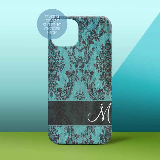 Coques Case-Mate iPhone Shabby Chic Turquoise damask Motif avec Monogramme (Personalized Phone Case)