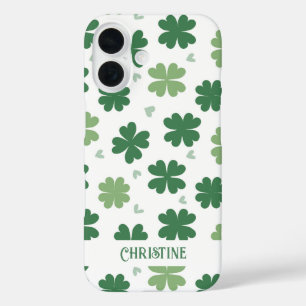 Coque Pour iPhone 16 Shamrocks et coeurs verts et blancs