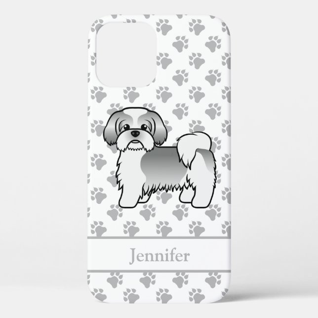 Coques Case-Mate iPhone Shih Tzu de dessin animé argent et blanc & nom (Verso)