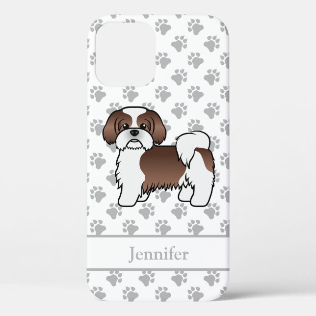 Coques Case-Mate iPhone Shih Tzu de dessin animé marron et blanc & nom (Verso)