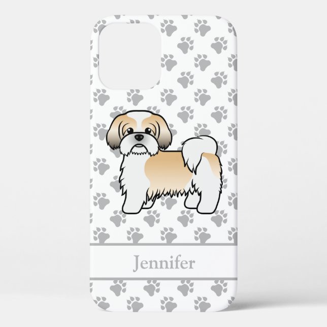 Coques Case-Mate iPhone Shih Tzu de dessin animé or et blanc & nom (Verso)