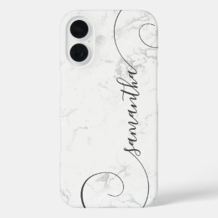 Coque Pour iPhone 16 Signature en boucles de Marbre blanc argenté