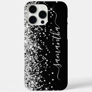 Coque iPhone 16 Pro Max Signature Féminin Noir Paillettes Argentées