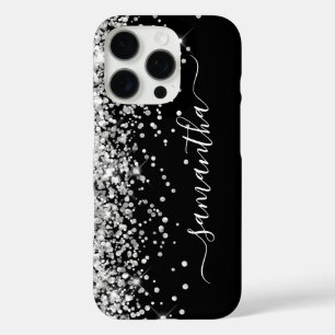 Coque iPhone 16 Pro Signature Féminin Noir Paillettes Argentées
