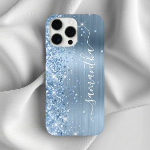 Coque iPhone 16 Pro Max Signature Féminin Pailleté Bleu Clair Glamour