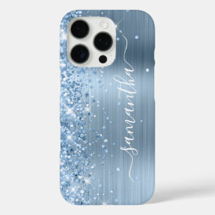 Coque iPhone 16 Pro Signature Féminin Pailleté Bleu Clair Glamour