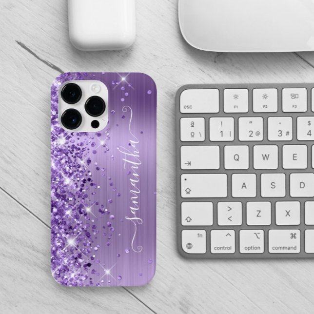 Coques Case-Mate iPhone Signature Féminin Pailleté Violet Glamour (Signature style text with curly swashes for her.)