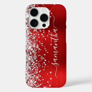 Coque iPhone 16 Pro Signature Féminin Paillettes Argentées Métal Rouge
