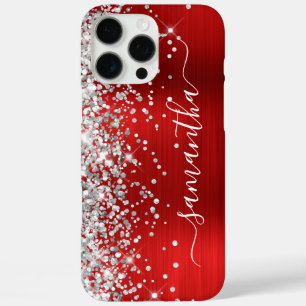 Coque iPhone 16 Pro Max Signature Féminine Rouge Pailleté Argent
