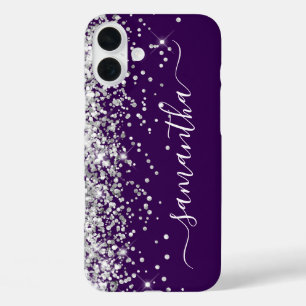 Coque Pour iPhone 16 Plus Signature Féminine Violet Foncé Paillettes Argenté