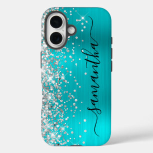 Coque Pour iPhone 16 Signature girly Aqua Blue métallisé paillettes arg