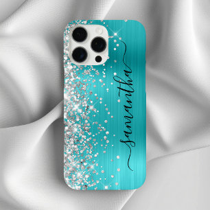 Coque iPhone 16 Pro Max Signature girly métallisée bleu aqua pailleté arge