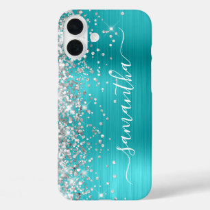 Coque Pour iPhone 16 Plus Signature girly métallisée bleu aqua pailleté arge