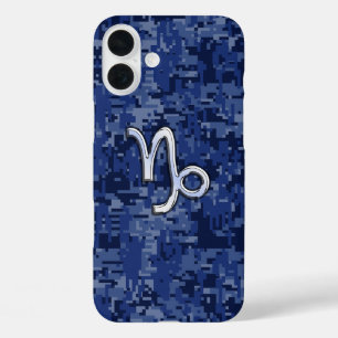 Coque Pour iPhone 16 Plus Signe du zodiaque Capricorne sur camouflage bleu m