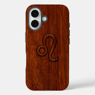 Coque Pour iPhone 16 Signe du zodiaque Lion dans le style bois d'acajou