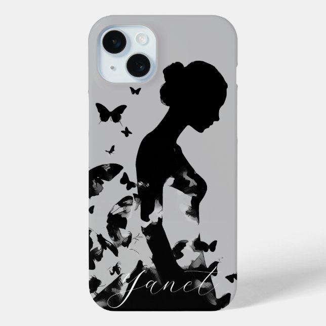 Coques Case-Mate iPhone Silhouette de Ballerine & Papillons Noir/Gris Nom (Verso)
