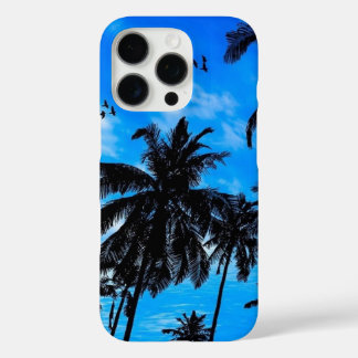 Coque iPhone 16 Pro Silhouette de palmier tropical Été bleu