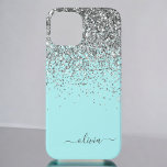 Case-Mate iPhone Case Silver Aqua Turquoise Blue Girl Parties scintillan<br><div class="desc">Argent et Turquoise Aqua Blue Faux Étincelle et Parties scintillant à goutte brossé Monogramme en métal Nom et téléphone initial. Cela rend le cadeau parfait pour 16 ans,  mariage,  douche nuptiale,  anniversaire,  baby shower ou bachelorette pour quelqu'un qui aime le luxe glam et les styles chic.</div>