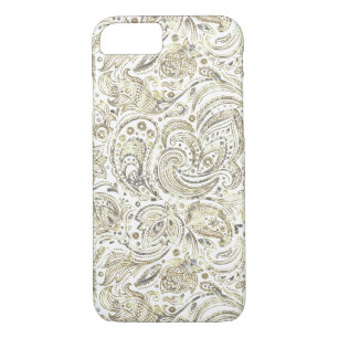 Coques Pour iPhone Silver & Gold Floral Paisley sur Arrière - plan bl