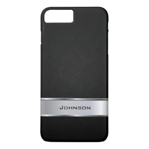 Coque iPhone 7 Plus Simili cuir noir élégant avec l'étiquette argenté