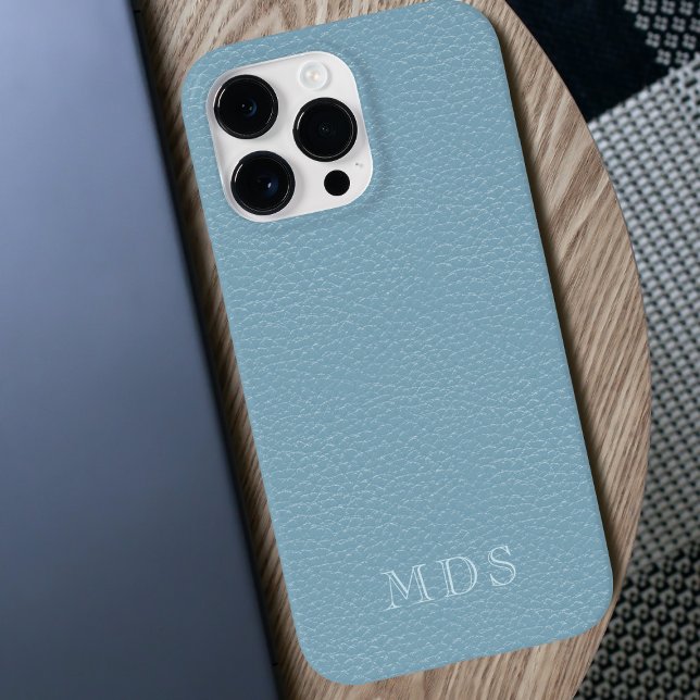 Coques Case-Mate iPhone Simple Pastel Blue Faux cuir look Monogramme (A pretty pastel blue faux leather look phone case with space for your initials)