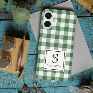 Coque Pour iPhone 16 Simple Vichy Vert et Blanc Monogramme & Nom