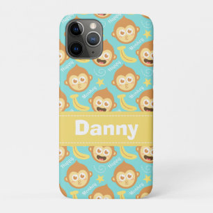 Coque iPhone 11 Pro Singe mignon et heureux, motif de bananes et d'éto