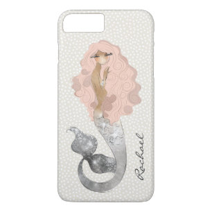 Coque iPhone 7 Plus Sirène avec cheveux roses et votre monogramme