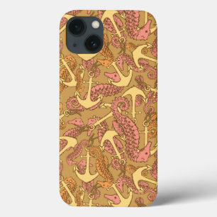 iPhone 13 Case Sketchy Seahorse And Anchor Pattern