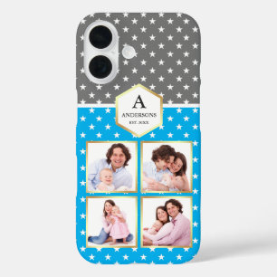 Coque Pour iPhone 16 Sky Blue and White Stars Motif Photo Collage