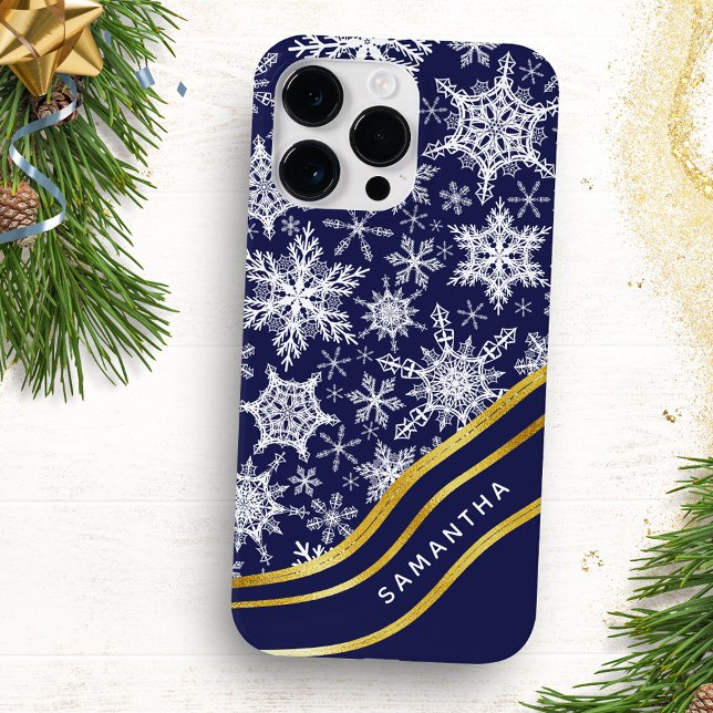 Coques Case-Mate iPhone Snowflakes bleu marine de Noël personnalisés (Créateur téléchargé)