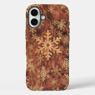 Coque Pour iPhone 16 Plus Snowflakes Inlay en bois Décor d'impression graphi