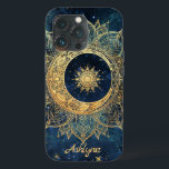 Case-Mate iPhone Case Soleil bleu céleste d'or personnalisé Mandala<br><div class="desc">Personnalisé Blue Celestial Gold Sun Moon Mandala iPhone 13 Coque Ajoutez votre nom ou le nom de la personne que vous donnez à ce magnifique boîtier téléphonique! Cette aquarelle bleu marine tendance, en toile de fond, présente un mandala en or métallique en forme de soleil fleuri avec un petit soleil...</div>